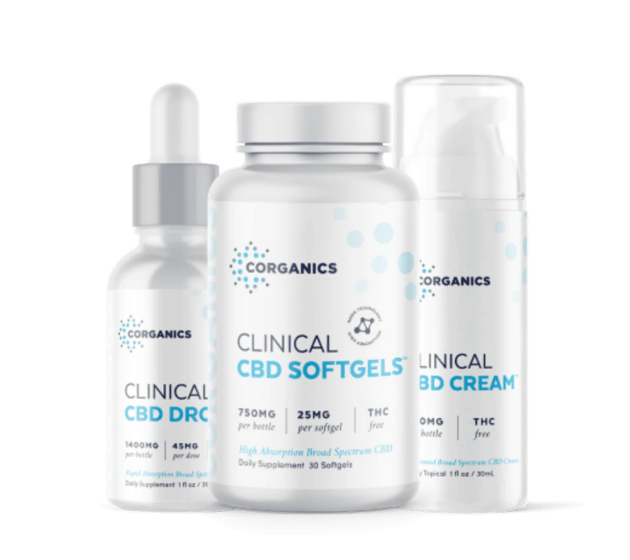 corganics clicinal cbd softgells, clinical cbd cream, and clinical cbd drops